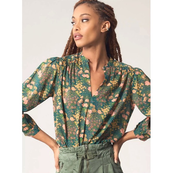 Birds of Paradis Tops - Birds of Paradis by Trovata Bailey Blouse Woodbine Cluster Floral Ramie Cotton